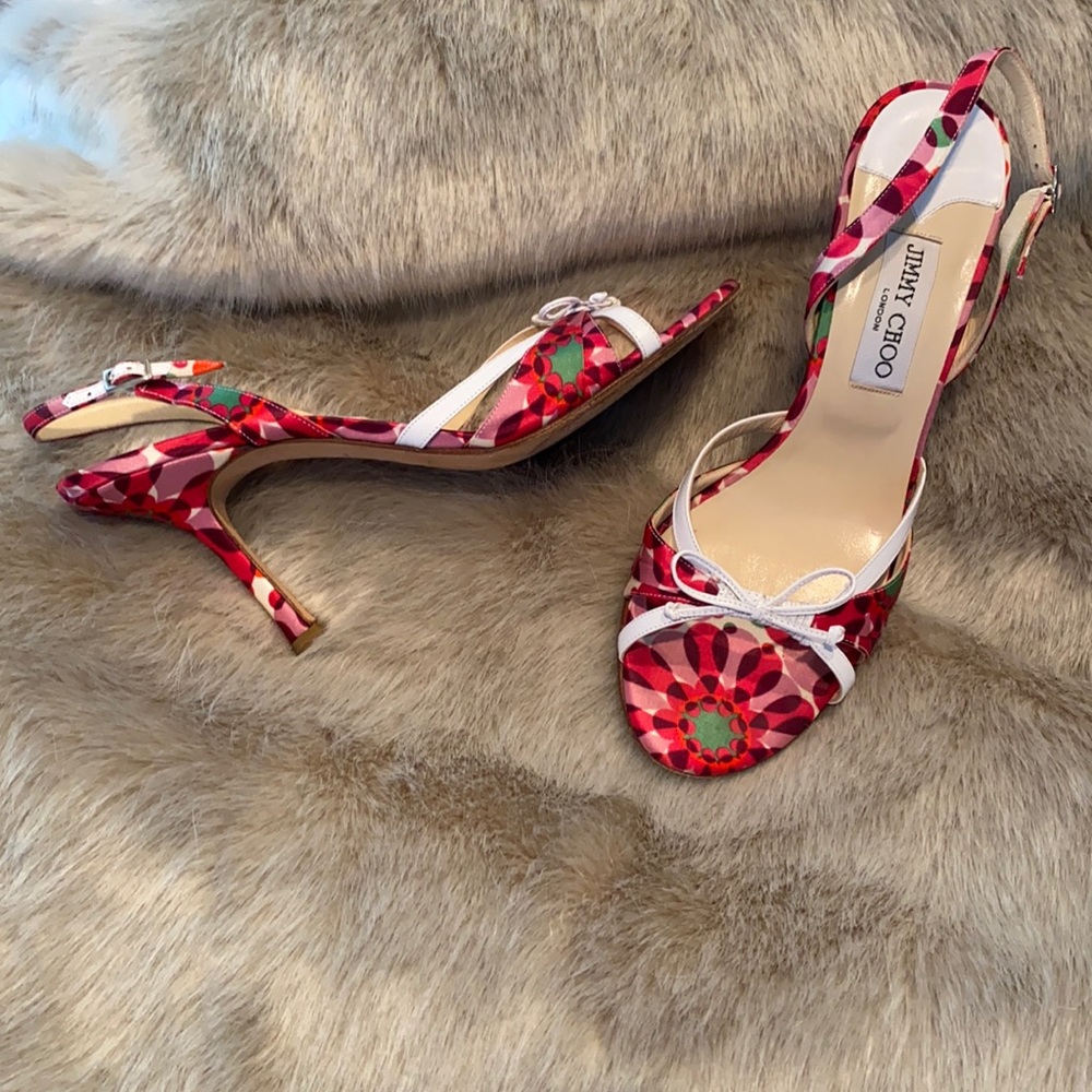 Jimmy Choo print/white leather heels
